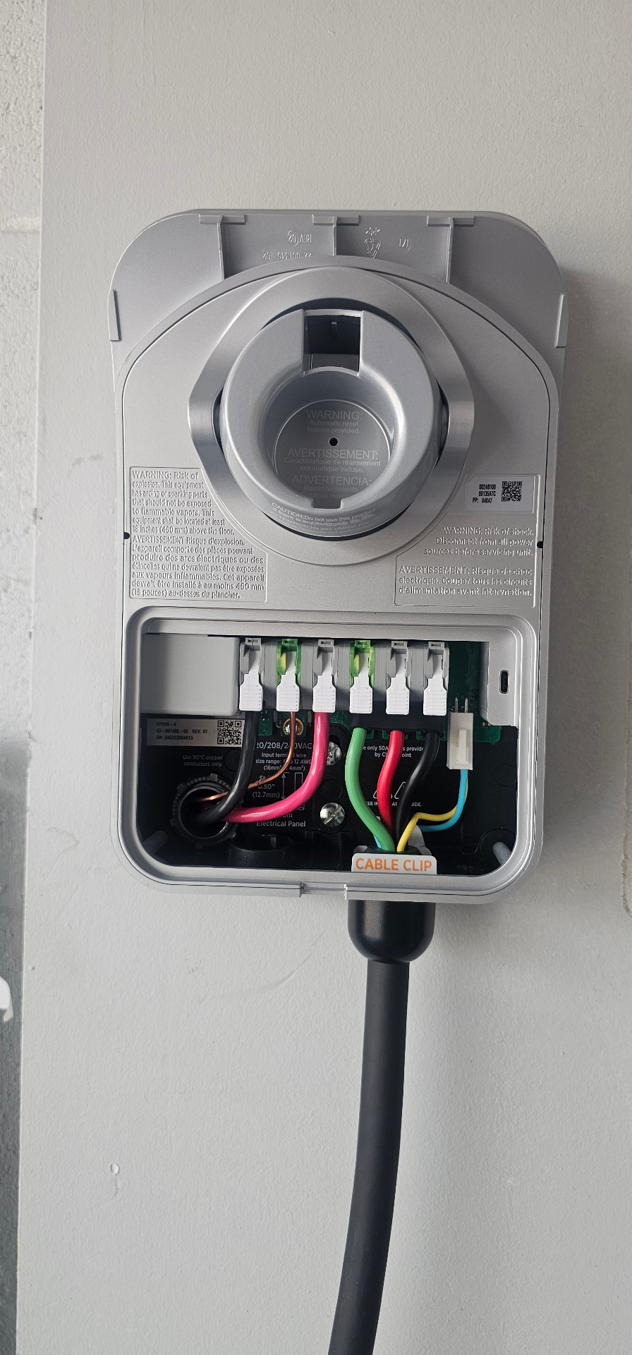 Interior wiring of a ChargePoint EV charger with 240V feed