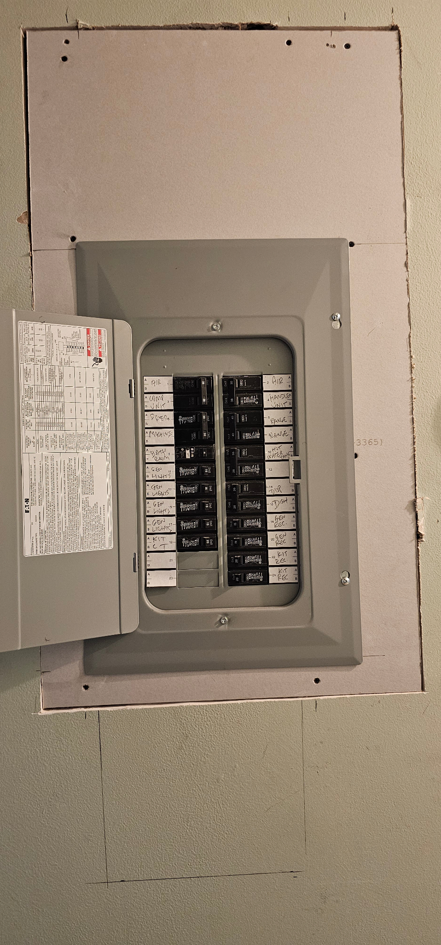 Residential breaker panel with neatly handwritten circuit labels